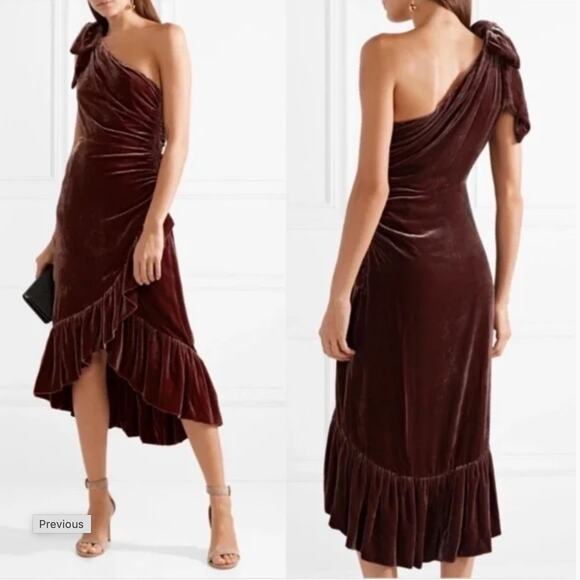 Ulla Johnson x Revolve 2 Elisa Velvet Ruffle Midi Dress One Shoulder Bow Brown - Picture 4 of 10
